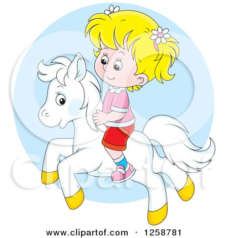 Clipart of a Blond White Girl Riding a Pony over a Blue Circle - Royalty Free Vector Illustration by Alex Bannykh