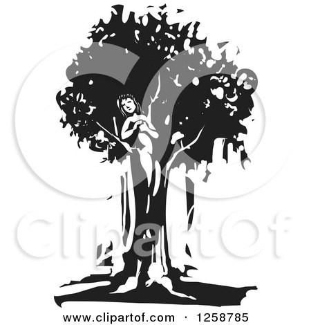 Clipart of a Black and White Woodcut Dryad Tree Spirit - Royalty Free Vector Illustration by xunantunich