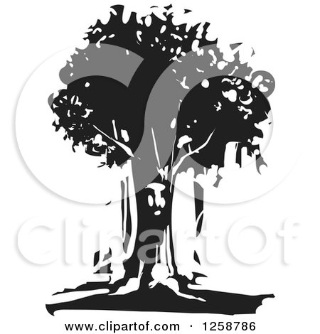 Clipart of a Black and White Woodcut Face in a Tree - Royalty Free Vector Illustration by xunantunich