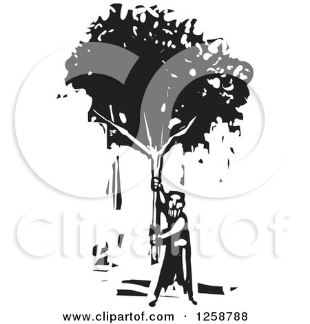 Clipart of a Black and White Woodcut Man Holding up a Tree - Royalty Free Vector Illustration by xunantunich