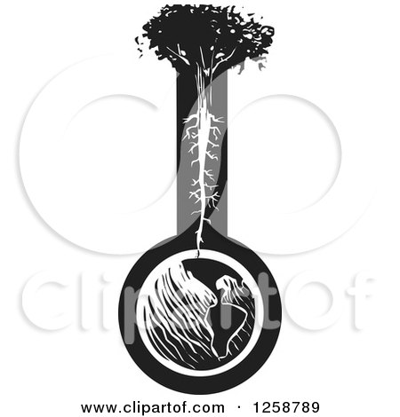 Clipart of a Black and White Woodcut Tree with Its Roots Extending to Earth - Royalty Free Vector Illustration by xunantunich
