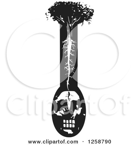 Clipart of a Black and White Woodcut Tree with Its Roots Extending to a Skull - Royalty Free Vector Illustration by xunantunich