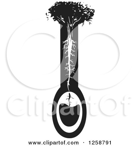 Clipart of a Black and White Woodcut Tree with Its Roots Extending to an Aquifer - Royalty Free Vector Illustration by xunantunich