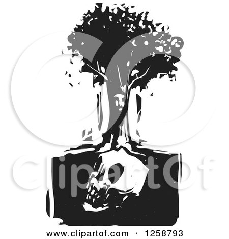 Clipart of a Black and White Woodcut Face in a Tree over a Skull - Royalty Free Vector Illustration by xunantunich