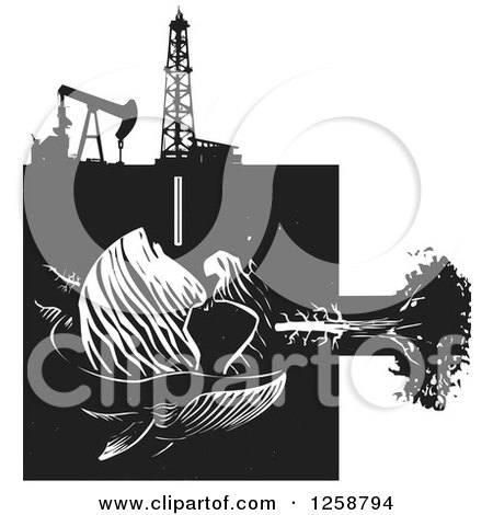 Clipart of a Black and White Woodcut Whale, Earth Tree and Oil Machinery - Royalty Free Vector Illustration by xunantunich