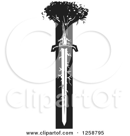 Clipart of a Black and White Woodcut Tree with Sword Roots - Royalty Free Vector Illustration by xunantunich