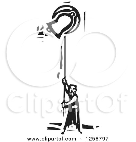 Clipart of a Black and White Woodcut Man Ringing a Bell - Royalty Free Vector Illustration by xunantunich