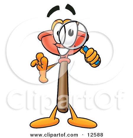 Clipart Picture of a Sink Plunger Mascot Cartoon Character Looking Through a Magnifying Glass by Mascot Junction