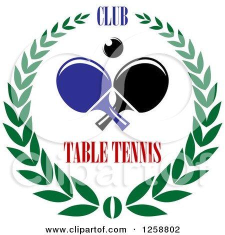 Clipart of a Ping Pong Ball and Table Tennis Paddles with Text in a Wreath - Royalty Free Vector Illustration by Vector Tradition SM