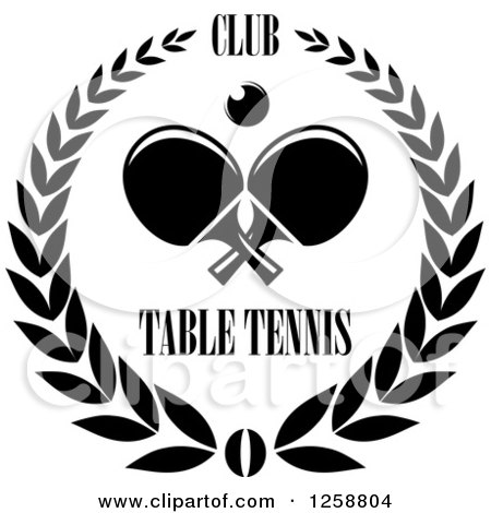 Clipart of a Black and White Ping Pong Ball and Table Tennis Paddles with Text in a Wreath - Royalty Free Vector Illustration by Vector Tradition SM