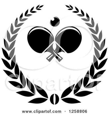 Clipart of a Black and White Ping Pong Ball and Table Tennis Paddles in a Wreath - Royalty Free Vector Illustration by Vector Tradition SM