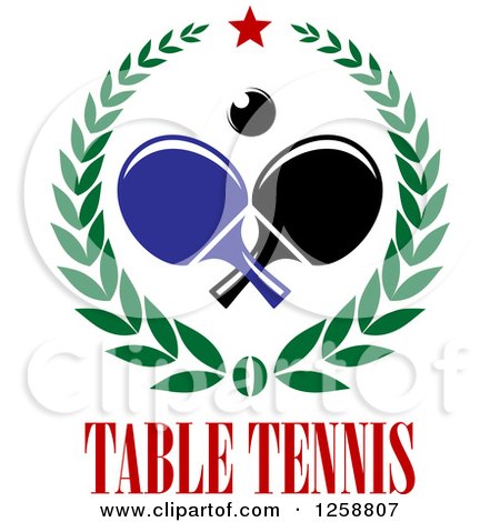 Clipart of a Ping Pong Ball and Crossed Table Tennis Paddles with Text in a Wreath - Royalty Free Vector Illustration by Vector Tradition SM