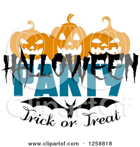 Clipart of a Flying Bat Under Jackolanterns with Halloween Party Trick or Treat Text - Royalty Free Vector Illustration by Vector Tradition SM
