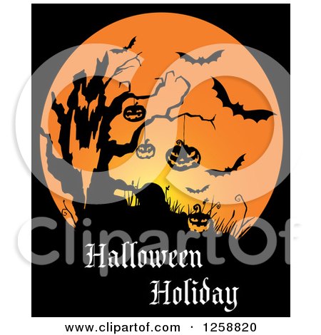 Clipart of a Silhouetted Dead Tree with Bats and Jackolanterns over Halloween Holiday Text - Royalty Free Vector Illustration by Vector Tradition SM