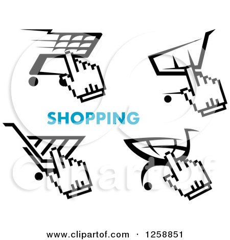 Clipart of Black and White Hand Cursors over Shopping Carts with Blue Text - Royalty Free Vector Illustration by Vector Tradition SM