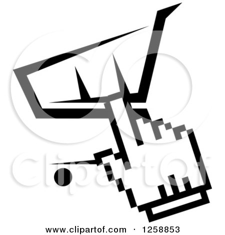 Clipart of a Black and White Hand Cursor over a Shopping Cart - Royalty Free Vector Illustration by Vector Tradition SM