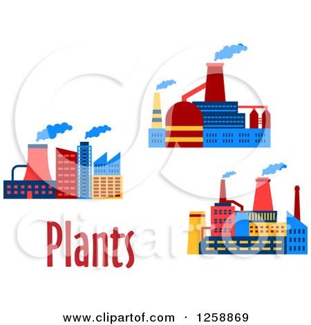 Clipart of Colorful Factory Buildings with Plants Text - Royalty Free Vector Illustration by Vector Tradition SM
