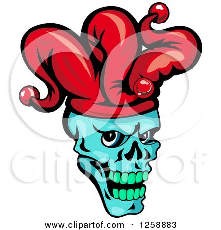 Clipart of a Blue Joker Face in a Red Hat - Royalty Free Vector Illustration by Vector Tradition SM