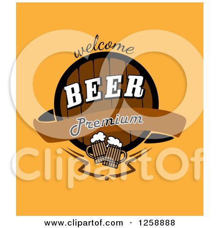 Clipart of a Welcome Premium Beer Text with Mugs and a Keg on Yellow - Royalty Free Vector Illustration by Vector Tradition SM