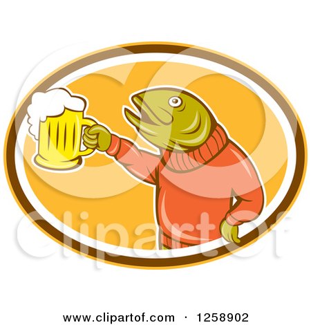 Clipart of a Trout Fish Holding up a Beer Mug in a Yellow Brown and White Oval - Royalty Free Vector Illustration by patrimonio