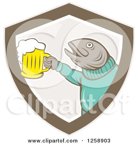 Clipart of a Trout Fish Holding up a Beer Mug in a Shield - Royalty Free Vector Illustration by patrimonio