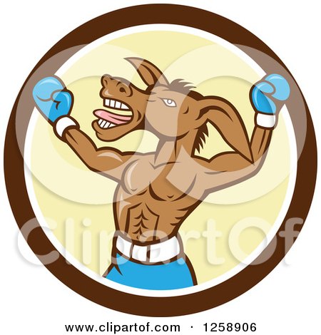 Clipart of a Cartoon Democratic Donkey Boxer in a Brown White and Yellow Circle - Royalty Free Vector Illustration by patrimonio