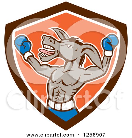 Clipart of a Cartoon Democratic Donkey Boxer in a Brown White and Orange Shield - Royalty Free Vector Illustration by patrimonio