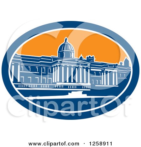 Clipart of a Woodcut of the National Gallery Building in Trafalgar Square, London, England - Royalty Free Vector Illustration by patrimonio