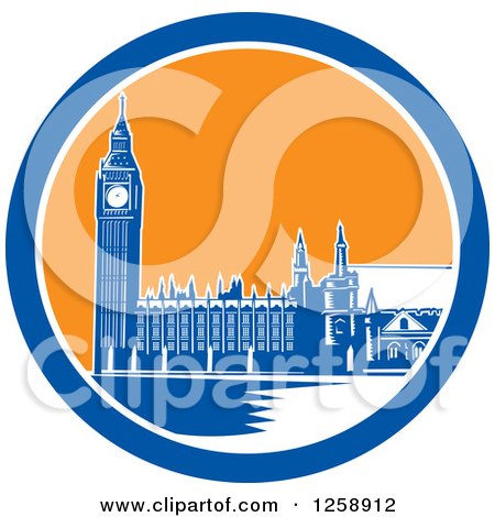 Clipart of a Woodcut of Westminster Palace in London, England with Big Ben in a Blue White and Orange Circle - Royalty Free Vector Illustration by patrimonio