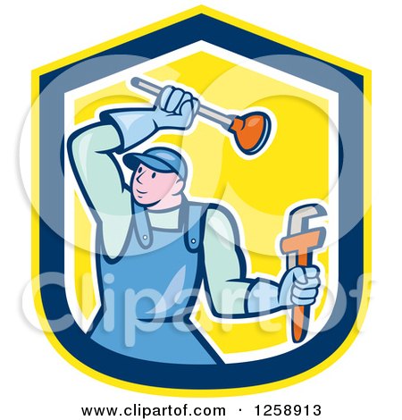 Clipart of a Cartoon Male Plumber with a Plunger and Monkey Wrench in a Yellow Blue and White Shield - Royalty Free Vector Illustration by patrimonio