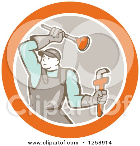 Clipart of a Retro Cartoon Male Plumber with a Plunger and Monkey Wrench in an Orange White and Taupe Circle - Royalty Free Vector Illustration by patrimonio