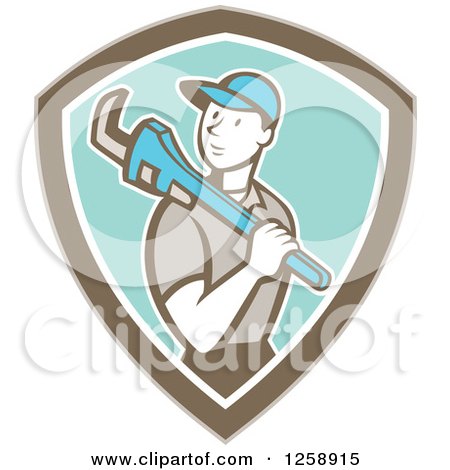 Clipart of a Cartoon White Male Plumber with a Monkey Wrench over His Shoulder in a Brown White and Turquoise Shield - Royalty Free Vector Illustration by patrimonio