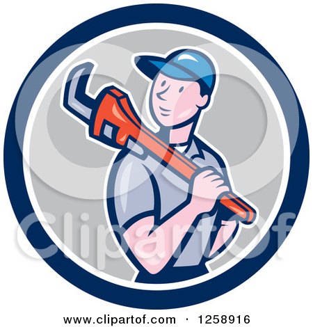Clipart of a Cartoon White Male Plumber with a Monkey Wrench over His Shoulder in a Blue White and Gray Circle - Royalty Free Vector Illustration by patrimonio