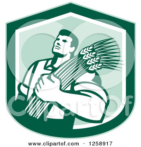 Clipart of a Retro Male Farmer Holding Wheat in a Green Shield - Royalty Free Vector Illustration by patrimonio