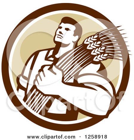 Clipart of a Retro Male Farmer Holding Wheat in a Brown and White Circle - Royalty Free Vector Illustration by patrimonio