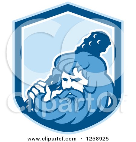 Clipart of a Retro Hercules Holding a Club in a Blue and White Shield - Royalty Free Vector Illustration by patrimonio