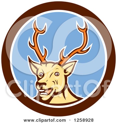Clipart of a Cartoon Happy Buck Deer in a Brown White and Blue Circle - Royalty Free Vector Illustration by patrimonio