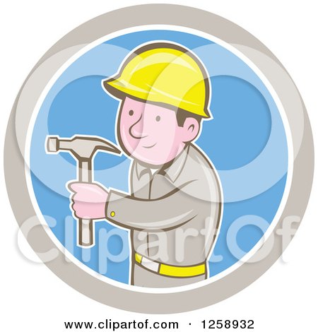 Clipart of a Cartoon Handyman or Carpenter with a Hammer in a Taupe White and Blue Circle - Royalty Free Vector Illustration by patrimonio