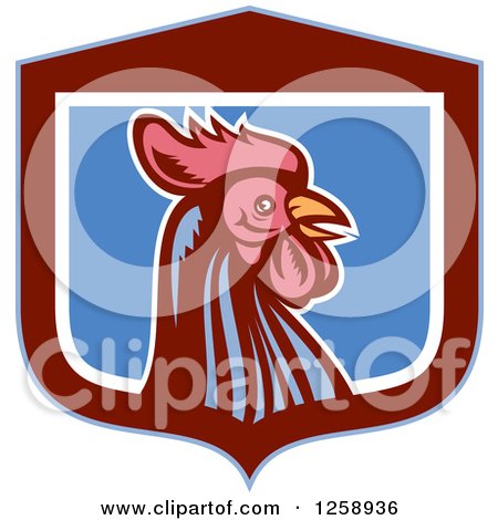 Clipart of a Retro Woodcut Rooster in a Blue Maroon and White Shield - Royalty Free Vector Illustration by patrimonio
