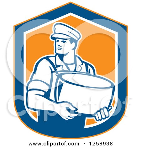 Clipart of a Retro Male Cheesemaker Holding a Parmesan Round in an Orange Blue and White Shield - Royalty Free Vector Illustration by patrimonio
