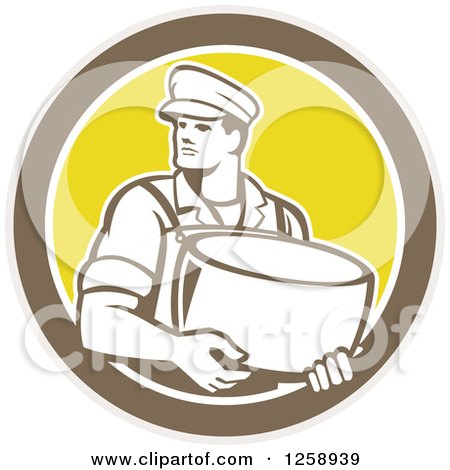 Clipart of a Retro Male Cheesemaker Holding a Parmesan Round in a Tan Brown White and Yellow Circle - Royalty Free Vector Illustration by patrimonio