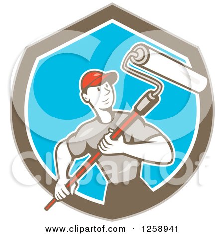 Clipart of a Retro Cartoon Male House Painter with a Roller Brush in a Brown White and Blue Shield - Royalty Free Vector Illustration by patrimonio