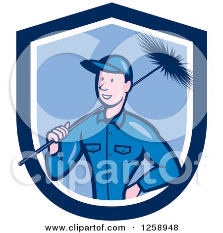Clipart of a Cartoon White Male Chimney Sweep in a Blue and White Shield - Royalty Free Vector Illustration by patrimonio