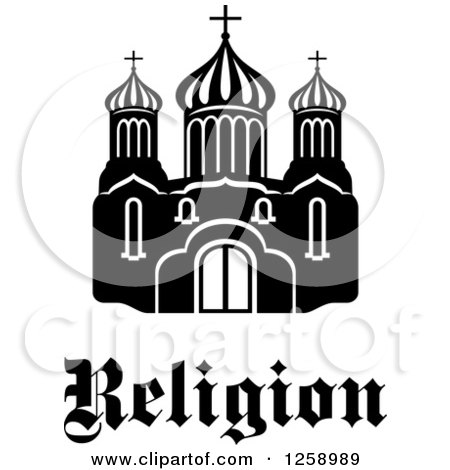 Clipart of a Black and White Church Building with Religion Text - Royalty Free Vector Illustration by Vector Tradition SM
