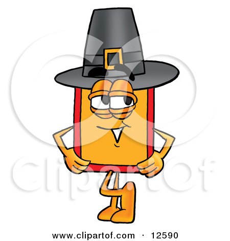 Clipart Picture of a Price Tag Mascot Cartoon Character Wearing a Pilgrim Hat on Thanksgiving by Mascot Junction