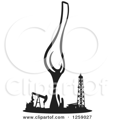 Clipart of a Black and White Spoon Dripping over an Oil Field - Royalty Free Vector Illustration by xunantunich