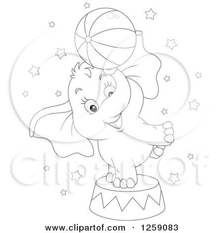 Clipart of a Black and White Cute Circus Elephant Balancing a Ball - Royalty Free Vector Illustration by Alex Bannykh