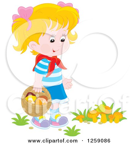 Clipart of a Blond White Girl Gathering Wild Mushrooms - Royalty Free Vector Illustration by Alex Bannykh