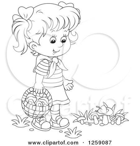 Clipart of a Black and White Girl Gathering Wild Mushrooms - Royalty Free Vector Illustration by Alex Bannykh