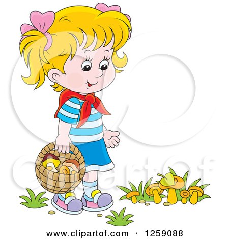 Clipart of a Blond Caucasian Girl Gathering Wild Mushrooms - Royalty Free Vector Illustration by Alex Bannykh
